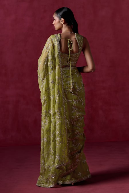 Shop Lashkaraa Green Silk, Net Zari, Sequins Square Floral Veil Embroidered Pre-draped Saree at Aza Fashions Shop_Lashkaraa_Green Silk, Net Zari, Sequins Square Floral Veil Embroidered Pre-draped Saree_at_Aza_Fashions