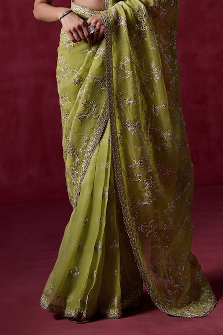 Lashkaraa Green Silk, Net Zari, Sequins Square Floral Veil Embroidered Pre-draped Saree Online at Aza Fashions Lashkaraa_Green Silk, Net Zari, Sequins Square Floral Veil Embroidered Pre-draped Saree_Online_at_Aza_Fashions