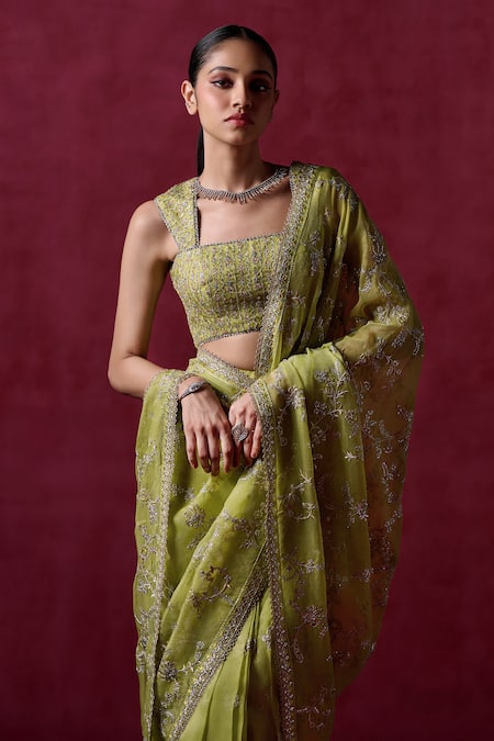 Buy Lashkaraa Green Silk, Net Zari, Sequins Square Floral Veil Embroidered Pre-draped Saree Online at Aza Fashions Buy_Lashkaraa_Green Silk, Net Zari, Sequins Square Floral Veil Embroidered Pre-draped Saree_Online_at_Aza_Fashions