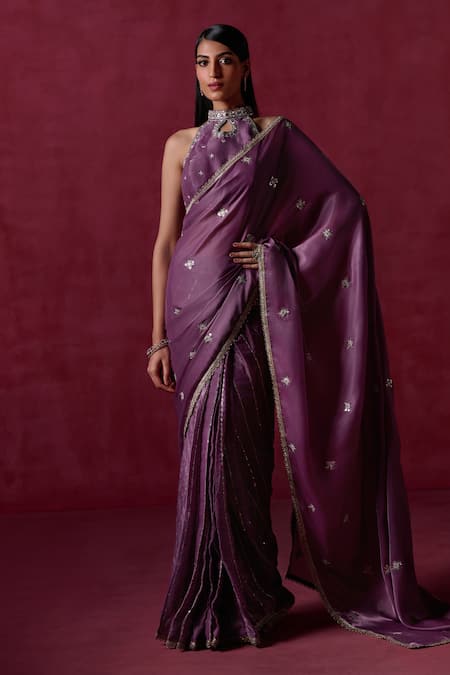 LASHKARAA Purple Net Embroidered Zari Halter Lace Pre-draped Saree With Blouse 