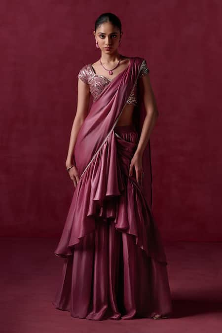 LASHKARAA Purple Silk Embroidered Zari Sweetheart Hem Pre-draped Ruffle Saree With Blouse 