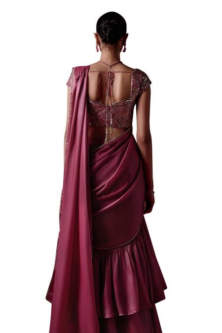 Lashkaraa_Purple Silk, Cotton Sequins, Zari Embroidered Ruffle Pre-draped Saree And Blouse_Online_at_Aza_Fashions