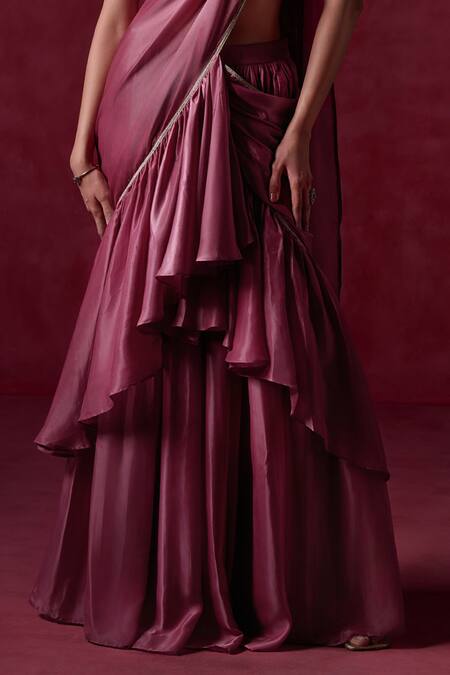 Buy_Lashkaraa_Purple Silk, Cotton Sequins, Zari Embroidered Ruffle Pre-draped Saree And Blouse_Online_at_Aza_Fashions