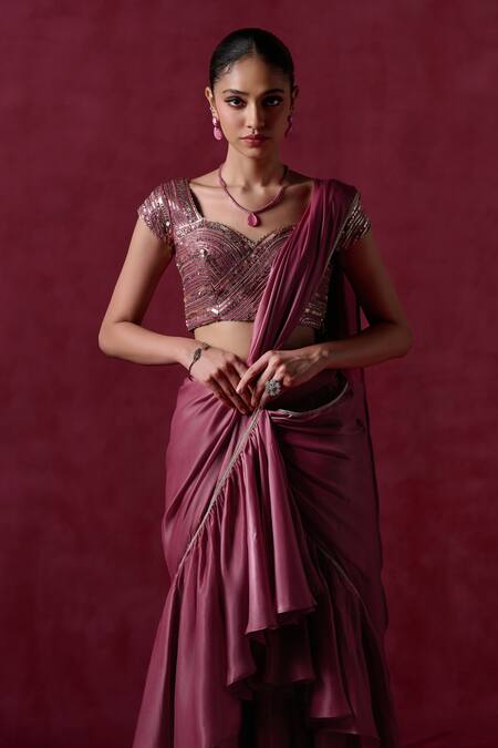 Shop_Lashkaraa_Purple Silk, Cotton Sequins, Zari Embroidered Ruffle Pre-draped Saree And Blouse_Online_at_Aza_Fashions