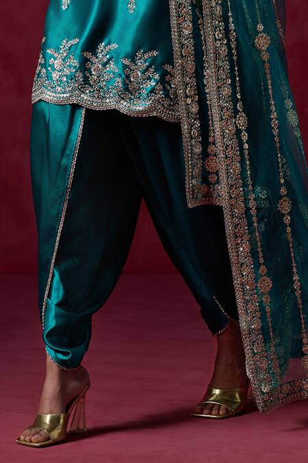Buy_Lashkaraa_Green Satin, Chiffon Zari, Sequins, Embroidery Polo Floral Kurta Dhoti Set _Online_at_Aza_Fashions