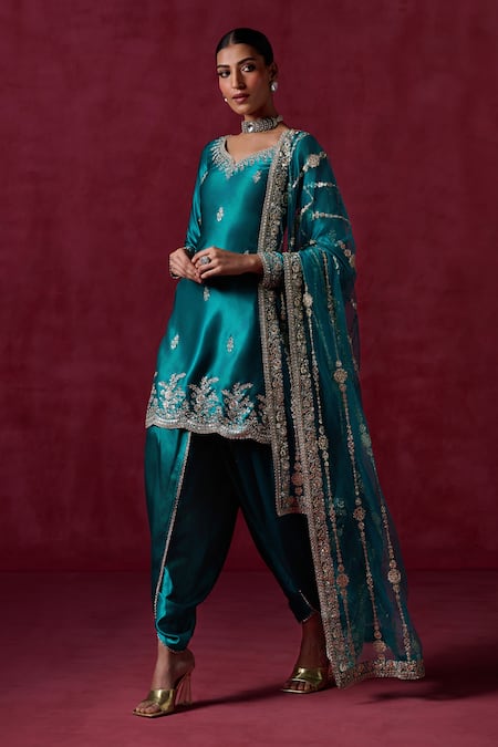 Shop_Lashkaraa_Green Satin, Chiffon Zari, Sequins, Embroidery Polo Floral Kurta Dhoti Set _Online_at_Aza_Fashions