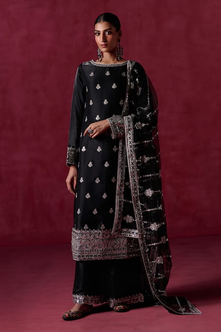 LASHKARAA Black Silk Embroidery Zari Boat Neck Floral Butti Kurta Pant Set 