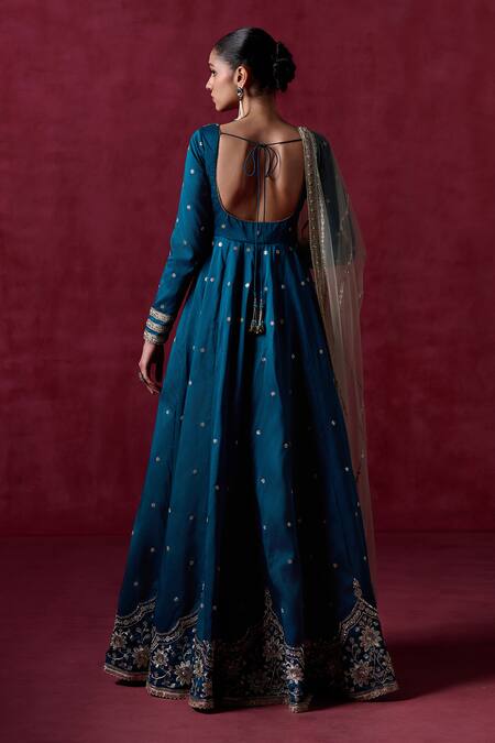 Shop Lashkaraa Blue Silk Embroidery, Sequins V-neck Floral Butti Anarkali Set at Aza Fashions Shop_Lashkaraa_Blue Silk Embroidery, Sequins V-neck Floral Butti Anarkali Set_at_Aza_Fashions
