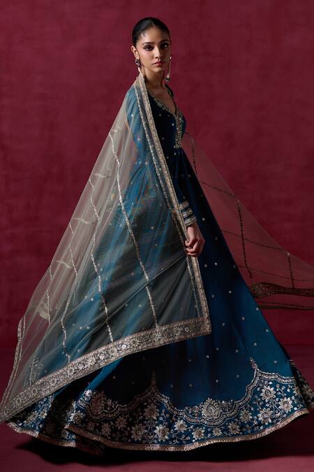 Lashkaraa Blue Silk Embroidery, Sequins V-neck Floral Butti Anarkali Set Online at Aza Fashions Lashkaraa_Blue Silk Embroidery, Sequins V-neck Floral Butti Anarkali Set_Online_at_Aza_Fashions