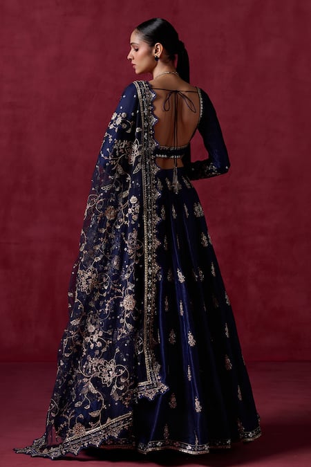 Lashkaraa Navy Blue Floral Butti Embroidered Lehenga Set 