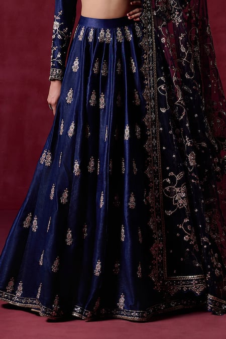 Buy_Lashkaraa_Blue Satin Embroidery, Sequins, Zari Polo Collar Navy Floral Butti Lehenga Set _Online_at_Aza_Fashions