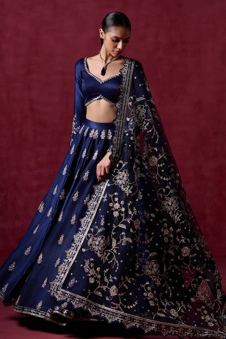 Shop_Lashkaraa_Blue Satin Embroidery, Sequins, Zari Polo Collar Navy Floral Butti Lehenga Set _Online_at_Aza_Fashions