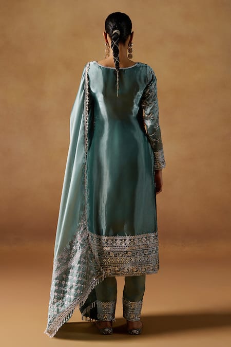 Lashkaraa Teal Organza Sequins, Zari, Embroidery Round Neck Kurta Pant Set With Dupatta Online at Aza Fashions Lashkaraa_Teal Organza Sequins, Zari, Embroidery Round Neck Kurta Pant Set With Dupatta _Online_at_Aza_Fashions