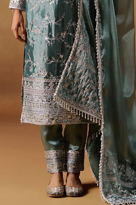 Buy Lashkaraa Teal Organza Sequins, Zari, Embroidery Round Neck Kurta Pant Set With Dupatta Online at Aza Fashions Buy_Lashkaraa_Teal Organza Sequins, Zari, Embroidery Round Neck Kurta Pant Set With Dupatta _Online_at_Aza_Fashions