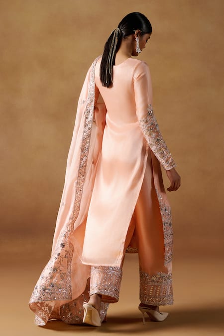 Shop Lashkaraa Peach Organza Zari, Sequins, Embroidery Square Neck Kurta Set at Aza Fashions Shop_Lashkaraa_Peach Organza Zari, Sequins, Embroidery Square Neck Kurta Set_at_Aza_Fashions