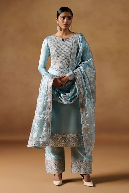 LASHKARAA Blue Organza Embroidered Zari Notched Yoke Kurta Palazzo Set 