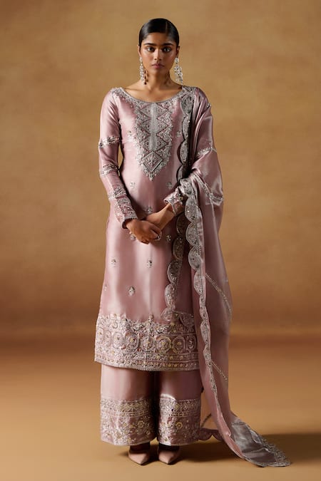 LASHKARAA Pink Organza Embroidered Zari Round Geometric Kurta Palazzo Set 