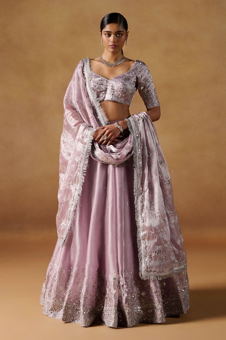 Lashkaraa Purple Organza Zari, Sequins Floral Embroidered Lehenga Set 
