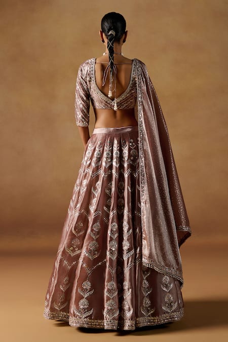 Shop Lashkaraa Brown Organza Sequins, Zari Asymmetric Embroidered Lehenga Set at Aza Fashions Shop_Lashkaraa_Brown Organza Sequins, Zari Asymmetric Embroidered Lehenga Set_at_Aza_Fashions