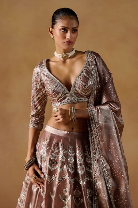 Lashkaraa Brown Organza Sequins, Zari Asymmetric Embroidered Lehenga Set Online at Aza Fashions Lashkaraa_Brown Organza Sequins, Zari Asymmetric Embroidered Lehenga Set_Online_at_Aza_Fashions