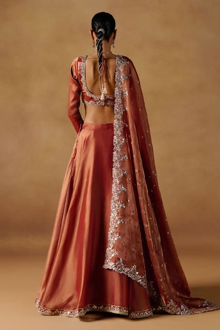 Lashkaraa_Orange Organza Sequins, Zari Asymmetric Embroidered Lehenga Set _Online_at_Aza_Fashions