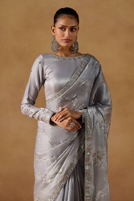 Lashkaraa_Gray Organza Embroidery, Zari, Sequins Boat Neck Grey Pre-draped Saree And Blouse_Online_at_Aza_Fashions