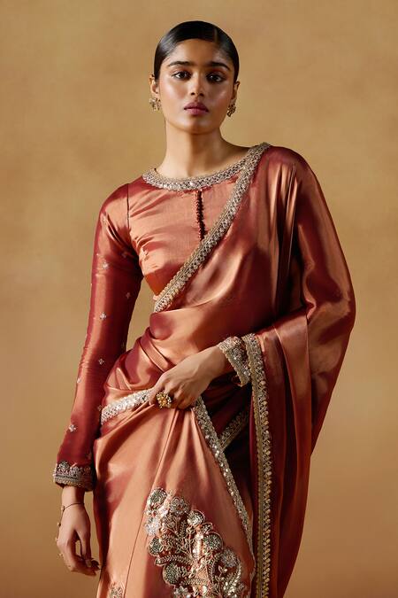 Lashkaraa_Orange Organza Zari, Sequins Round Neck Embroidered Pre-draped Saree Set_Online_at_Aza_Fashions