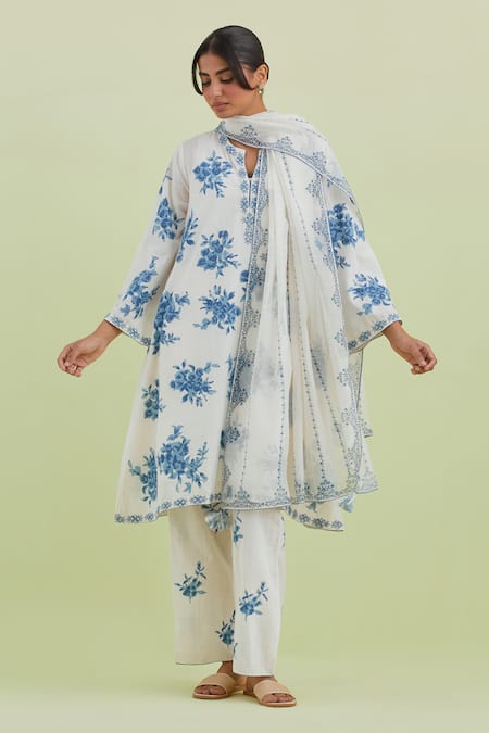 KORA Floral Print A-Line Kurta Set 