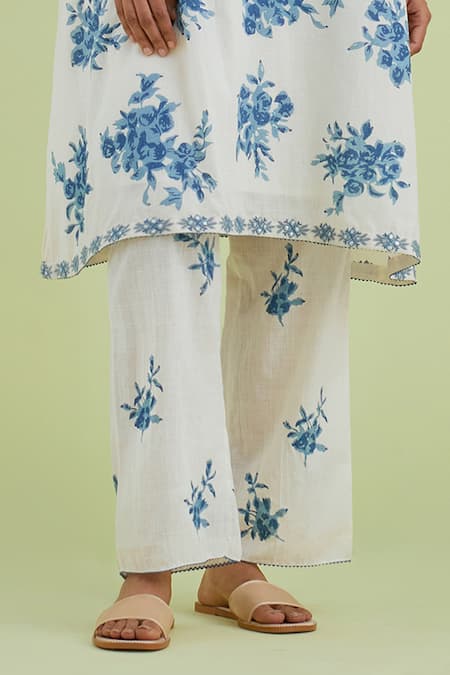 Kora Off White Cotton, Handloom Cotton, Chanderi Floral Print A-line Kurta Set Online at Aza Fashions Kora_Off White Cotton, Handloom Cotton, Chanderi Floral Print A-line Kurta Set _Online_at_Aza_Fashions
