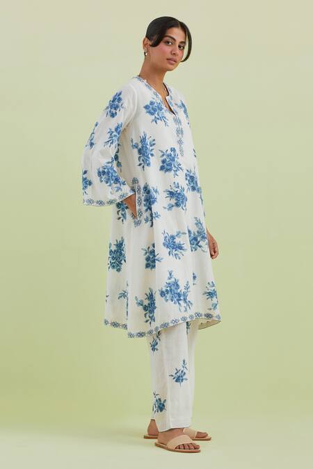 Kora Off White Cotton, Handloom Cotton, Chanderi Floral Print A-line Kurta Set at Aza Fashions Kora_Off White Cotton, Handloom Cotton, Chanderi Floral Print A-line Kurta Set _at_Aza_Fashions