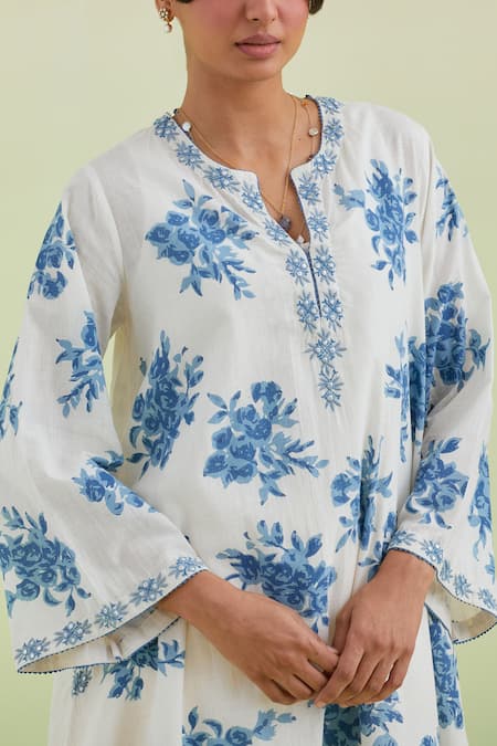 Shop Kora Off White Cotton, Handloom Cotton, Chanderi Floral Print A-line Kurta Set Shop_Kora_Off White Cotton, Handloom Cotton, Chanderi Floral Print A-line Kurta Set