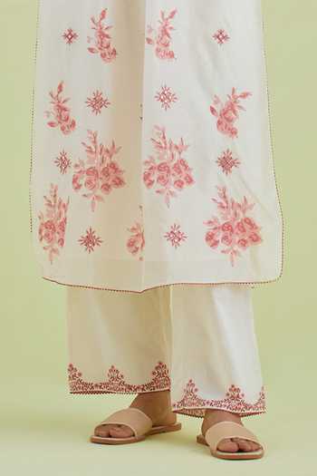 Kora_Off White Silk, Cotton, Chanderi Embroidery Flower Hand Block Print Kurta Set _Online_at_Aza_Fashions