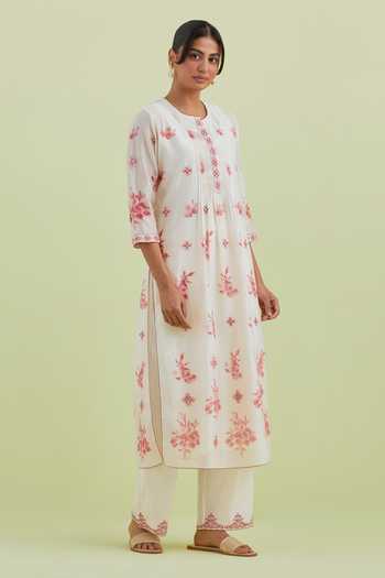 Kora_Off White Silk, Cotton, Chanderi Embroidery Flower Hand Block Print Kurta Set _at_Aza_Fashions