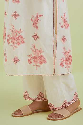 Shop_Kora_Off White Silk, Cotton, Chanderi Embroidery Flower Hand Block Print Kurta Set 