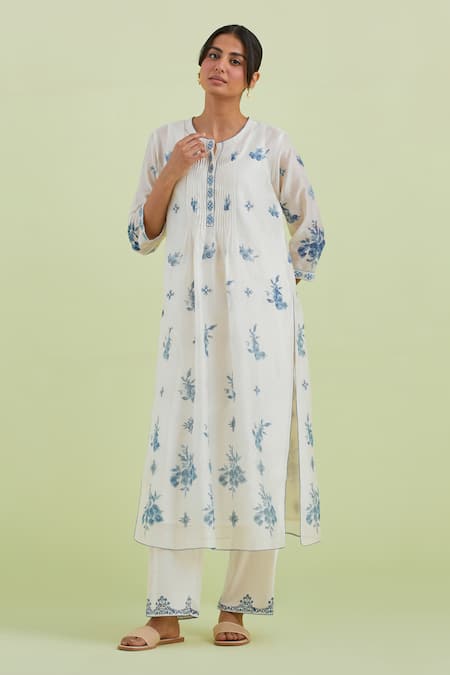 Kora_Off White Silk, Cotton, Chanderi Flower Hand Block Print Kurta Pant Set _Online_at_Aza_Fashions