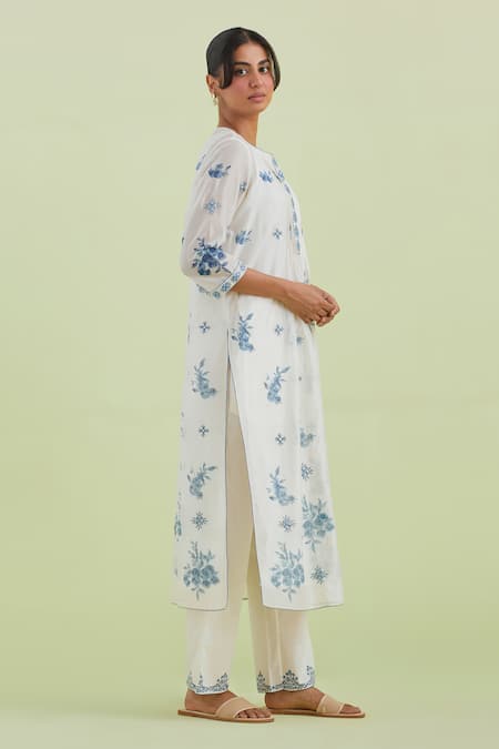 Shop_Kora_Off White Silk, Cotton, Chanderi Flower Hand Block Print Kurta Pant Set _Online_at_Aza_Fashions