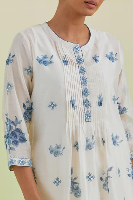 Buy_Kora_Off White Silk, Cotton, Chanderi Flower Hand Block Print Kurta Pant Set 
