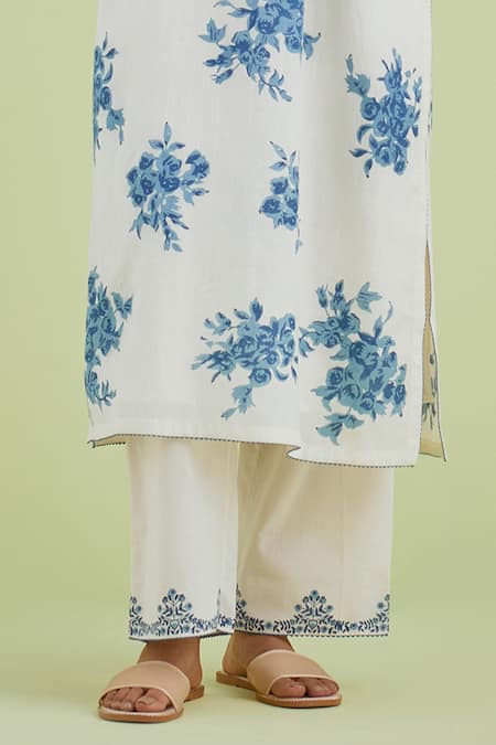 Kora Off White Silk, Chanderi, Cotton Embroidery Floral Hand Block Print Kurta Set Online at Aza Fashions Kora_Off White Silk, Chanderi, Cotton Embroidery Floral Hand Block Print Kurta Set _Online_at_Aza_Fashions