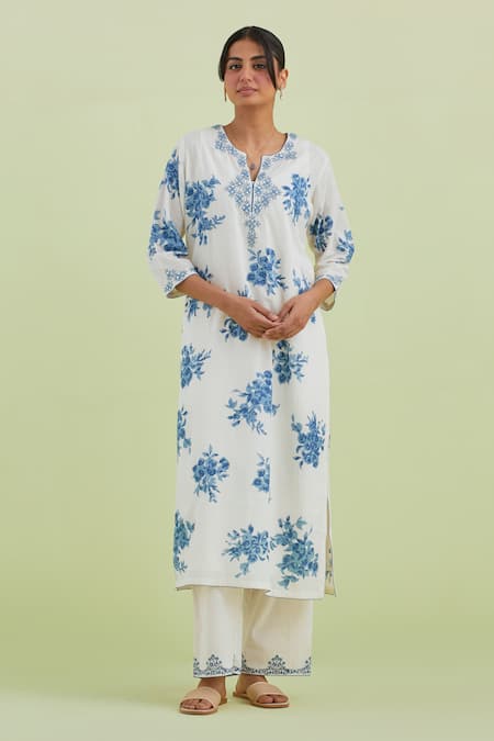 Buy Kora Off White Silk, Chanderi, Cotton Embroidery Floral Hand Block Print Kurta Set Online at Aza Fashions Buy_Kora_Off White Silk, Chanderi, Cotton Embroidery Floral Hand Block Print Kurta Set _Online_at_Aza_Fashions