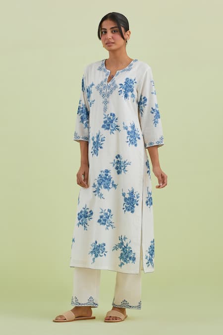 Shop Kora Off White Silk, Chanderi, Cotton Embroidery Floral Hand Block Print Kurta Set Online at Aza Fashions Shop_Kora_Off White Silk, Chanderi, Cotton Embroidery Floral Hand Block Print Kurta Set _Online_at_Aza_Fashions