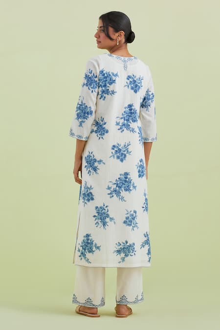 Shop Kora Off White Silk, Chanderi, Cotton Embroidery Floral Hand Block Print Kurta Set at Aza Fashions Shop_Kora_Off White Silk, Chanderi, Cotton Embroidery Floral Hand Block Print Kurta Set _at_Aza_Fashions