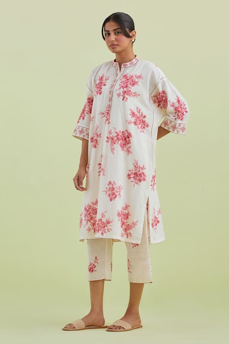 Kora_Off White Handloom , Embroidery, Floral Boota Print Kurta With Pant _at_Aza_Fashions