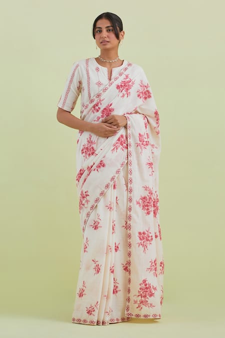 KORA Off White Handspun Handwoven Cotton Hand Block Print Floral Saree With Blouse 