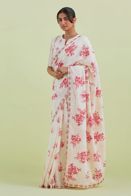 Kora_Off White Handloom Cotton Embroidery, Floral Hand Block Print Saree With Blouse _Online_at_Aza_Fashions