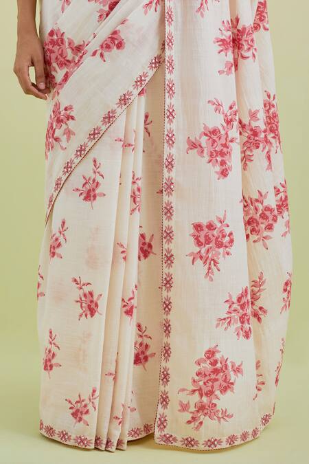 Shop_Kora_Off White Handloom Cotton Embroidery, Floral Hand Block Print Saree With Blouse _Online_at_Aza_Fashions