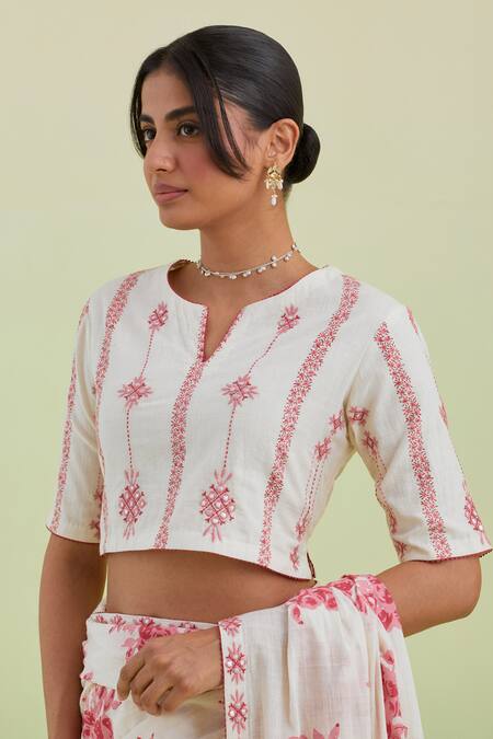 Kora_Off White Handloom Cotton Embroidery, Floral Hand Block Print Saree With Blouse _at_Aza_Fashions
