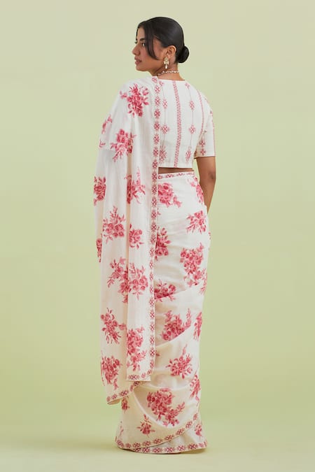 Kora Floral Hand Block Print Saree With Blouse 