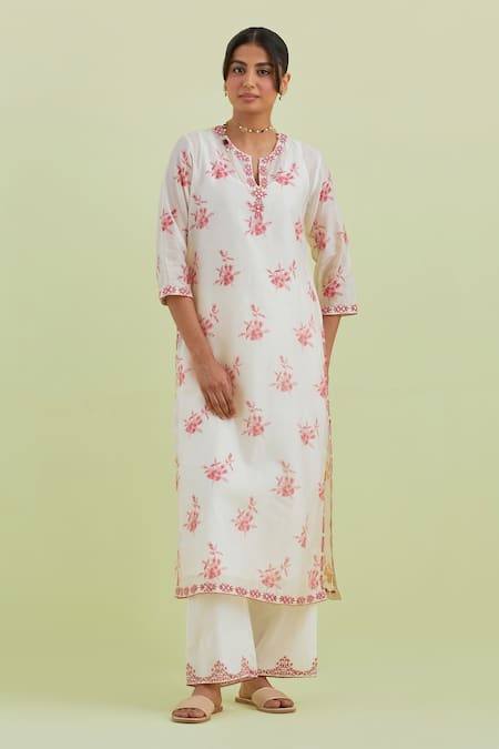 Kora_Off White Silk, Cotton, Chanderi Embroidery Hand Block Print Kurta Pant Set _Online_at_Aza_Fashions