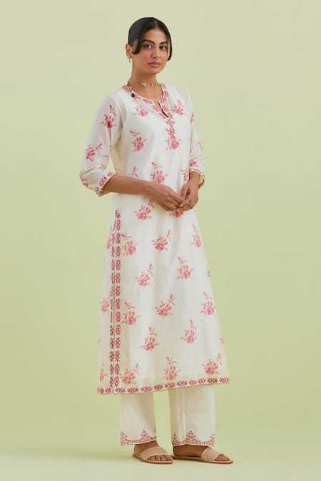 Shop_Kora_Off White Silk, Cotton, Chanderi Embroidery Hand Block Print Kurta Pant Set _Online_at_Aza_Fashions