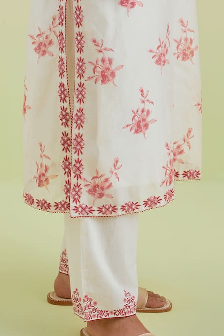 Buy_Kora_Off White Silk, Cotton, Chanderi Embroidery Hand Block Print Kurta Pant Set 